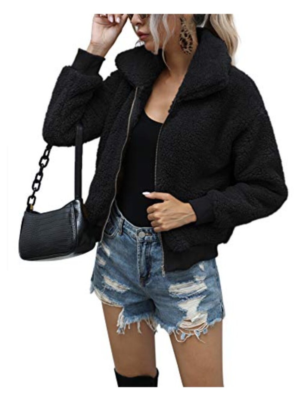 Women's Short Faux Fur Coat Shaggy Jacket with Pockets Warm Winter Zip-Up